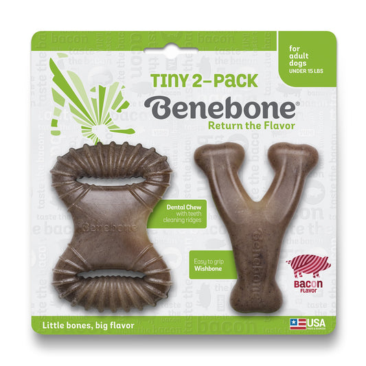 Benebone Tiny 2-Pack Wishbone Dental Chew Durable Dog Chew Toys  Real Bacon