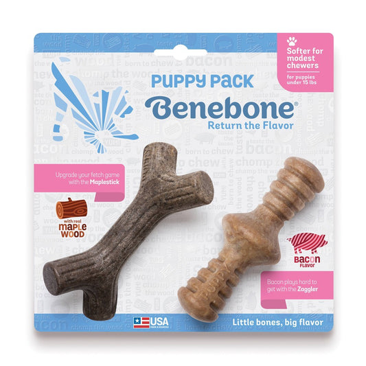 Benebone Puppy 2-Pack Maplestick/Zaggler Durable Dog Chew Toys for Gentle Chewers  Real Bacon  Real Maplewood  Tiny
