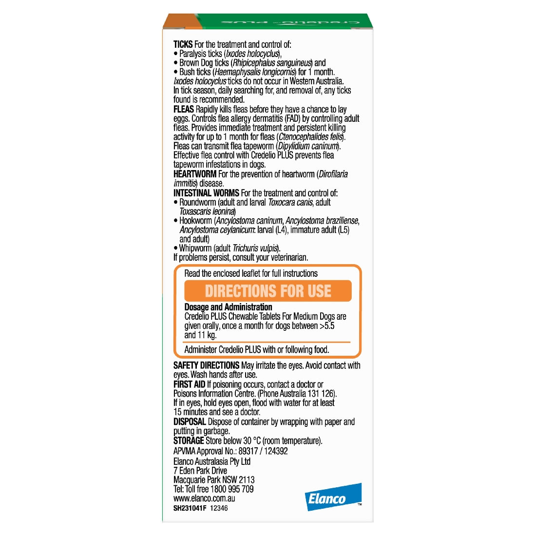 Credelio Plus Medium 5.5 - 11kg 6Pk Orange